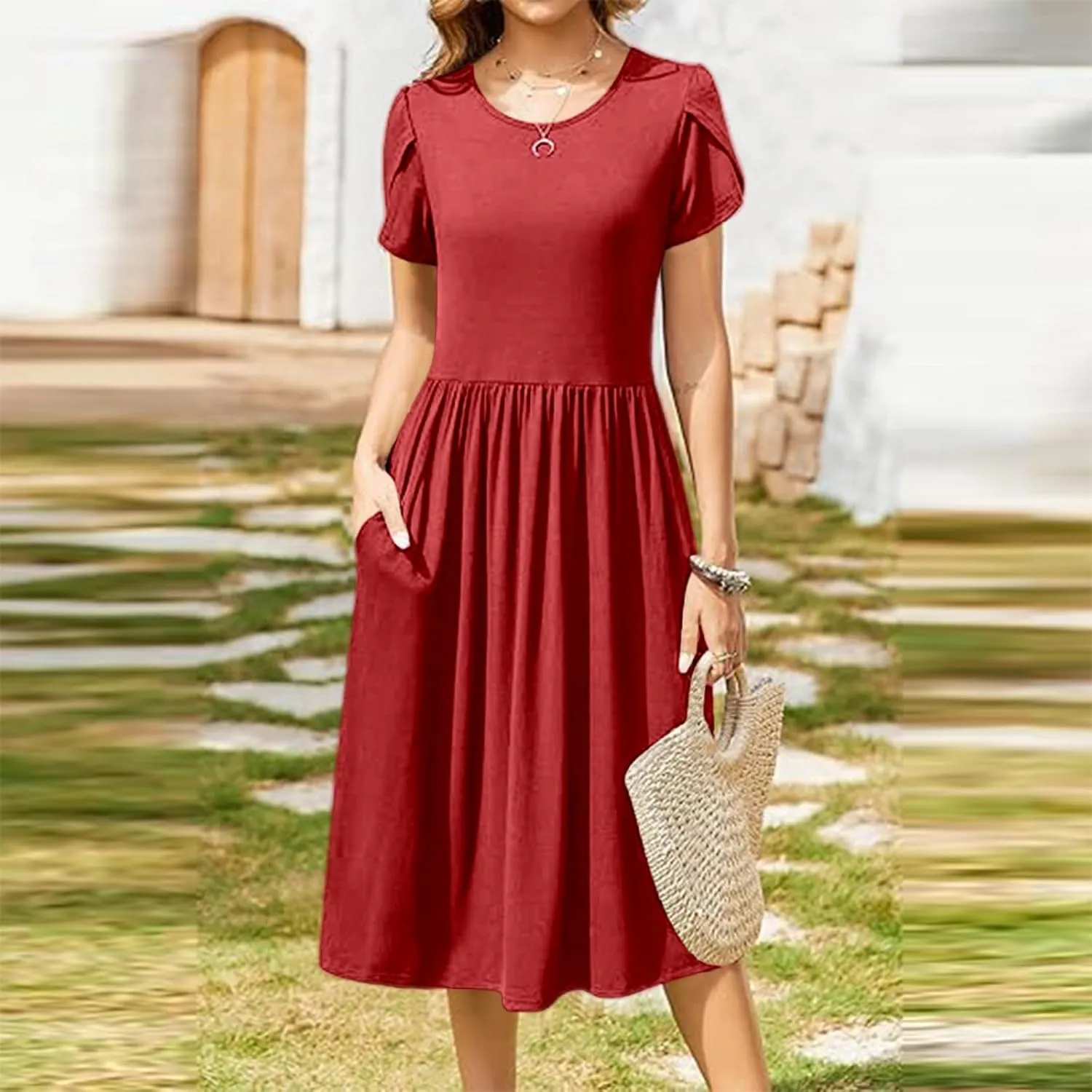 Summer Poplin Dress Women Vintage Pleated Drop Waist Going Out Dresses wtih Sleeves Solid Cruise Outfits for Women 2025