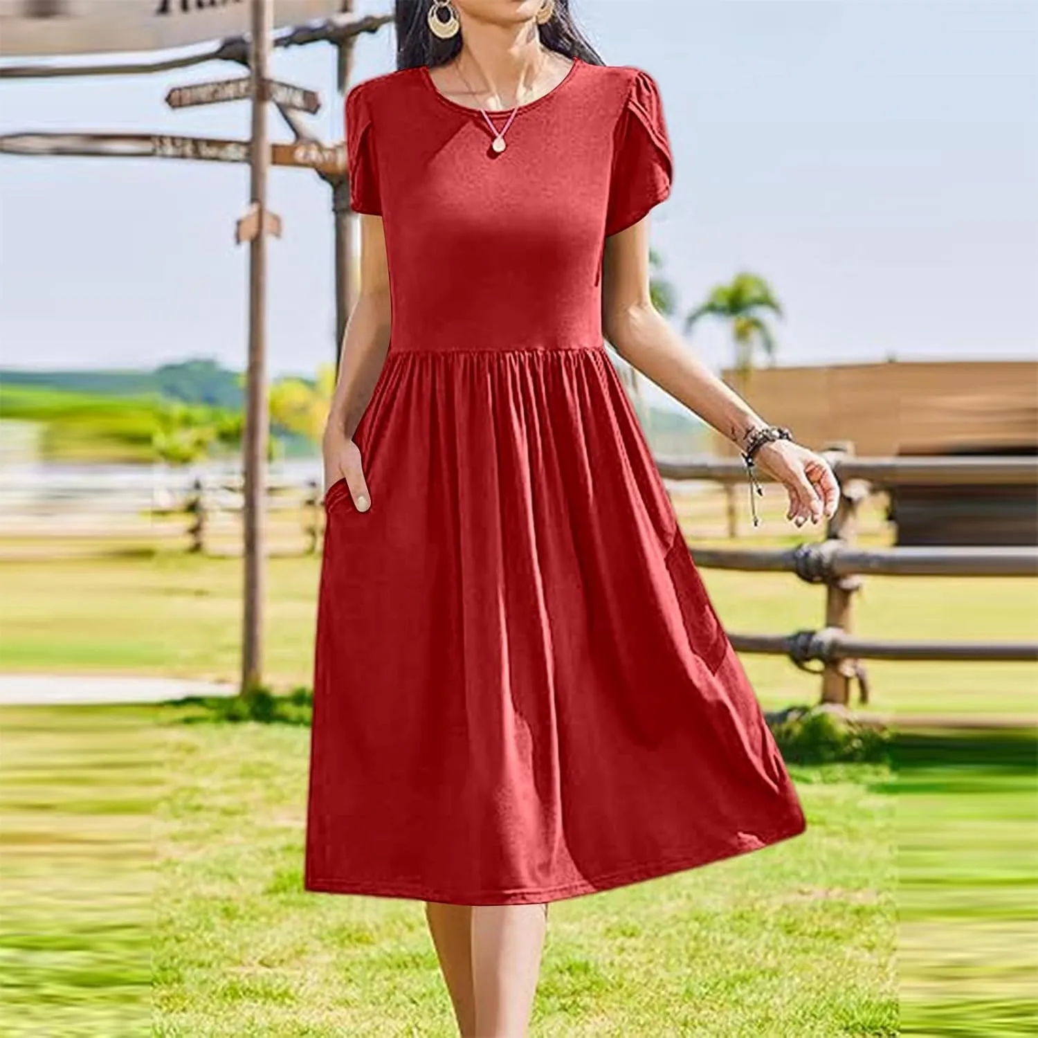 Summer Poplin Dress Women Vintage Pleated Drop Waist Going Out Dresses wtih Sleeves Solid Cruise Outfits for Women 2025