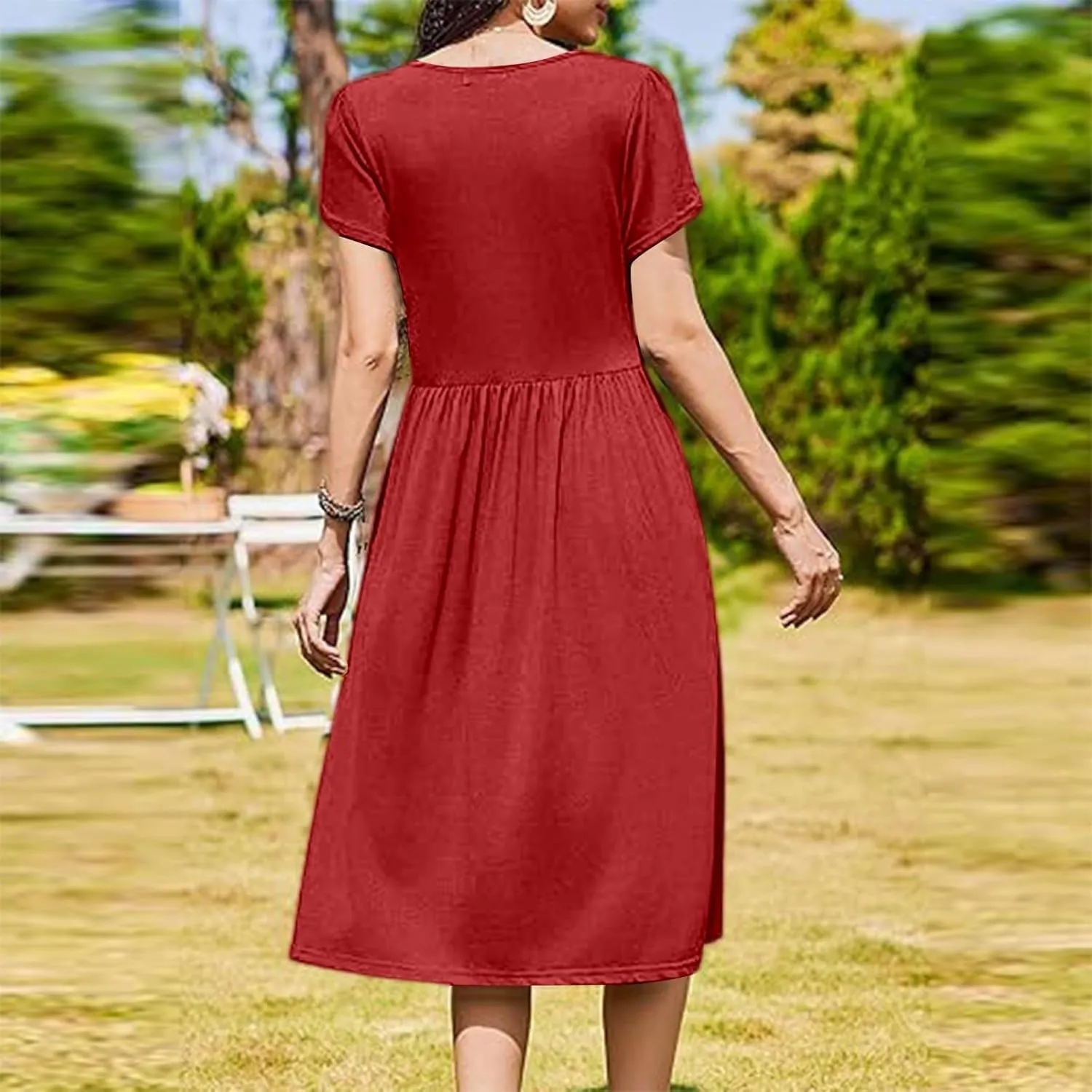 Summer Poplin Dress Women Vintage Pleated Drop Waist Going Out Dresses wtih Sleeves Solid Cruise Outfits for Women 2025