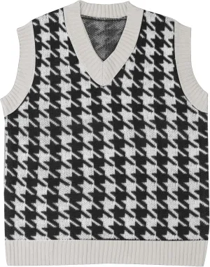 Sweater Vest Women Casual V Neck Houndstooth Knit Sweater 2024 Fall Aesthetic Checkered Sweater Y2K Sweater