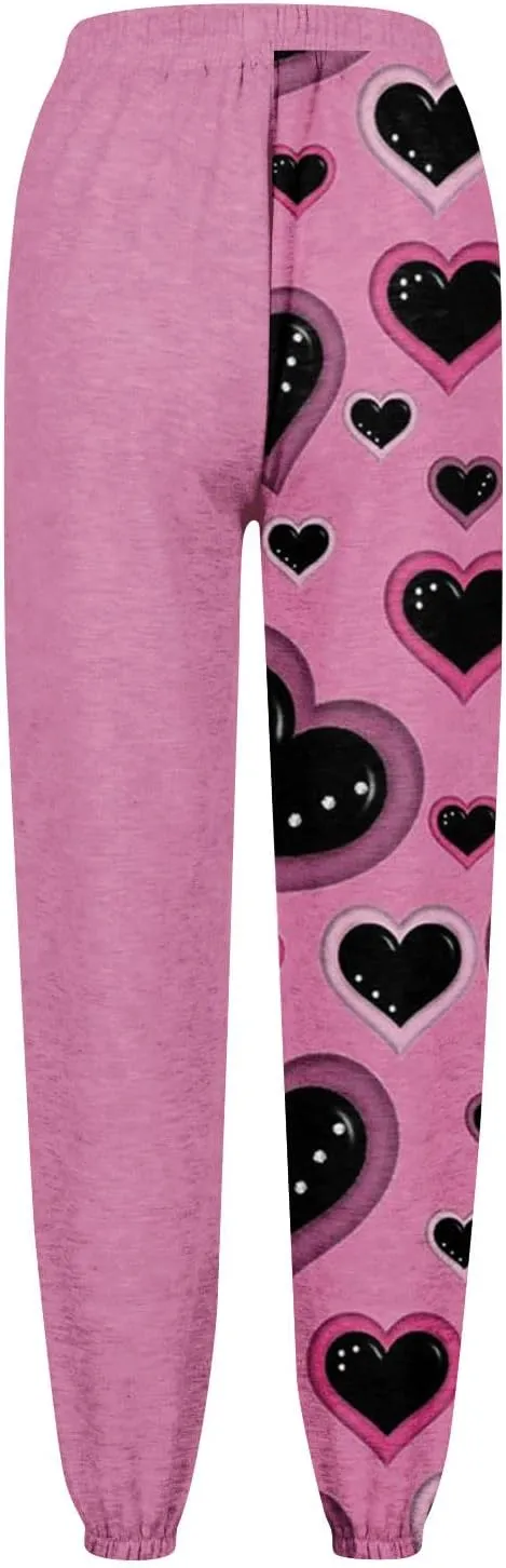 Sweatpants for Women High Waisted Loose Jogger Baggy Elastic Love Print Wide Leg Sweat Pants Pocket Athletic Trousers