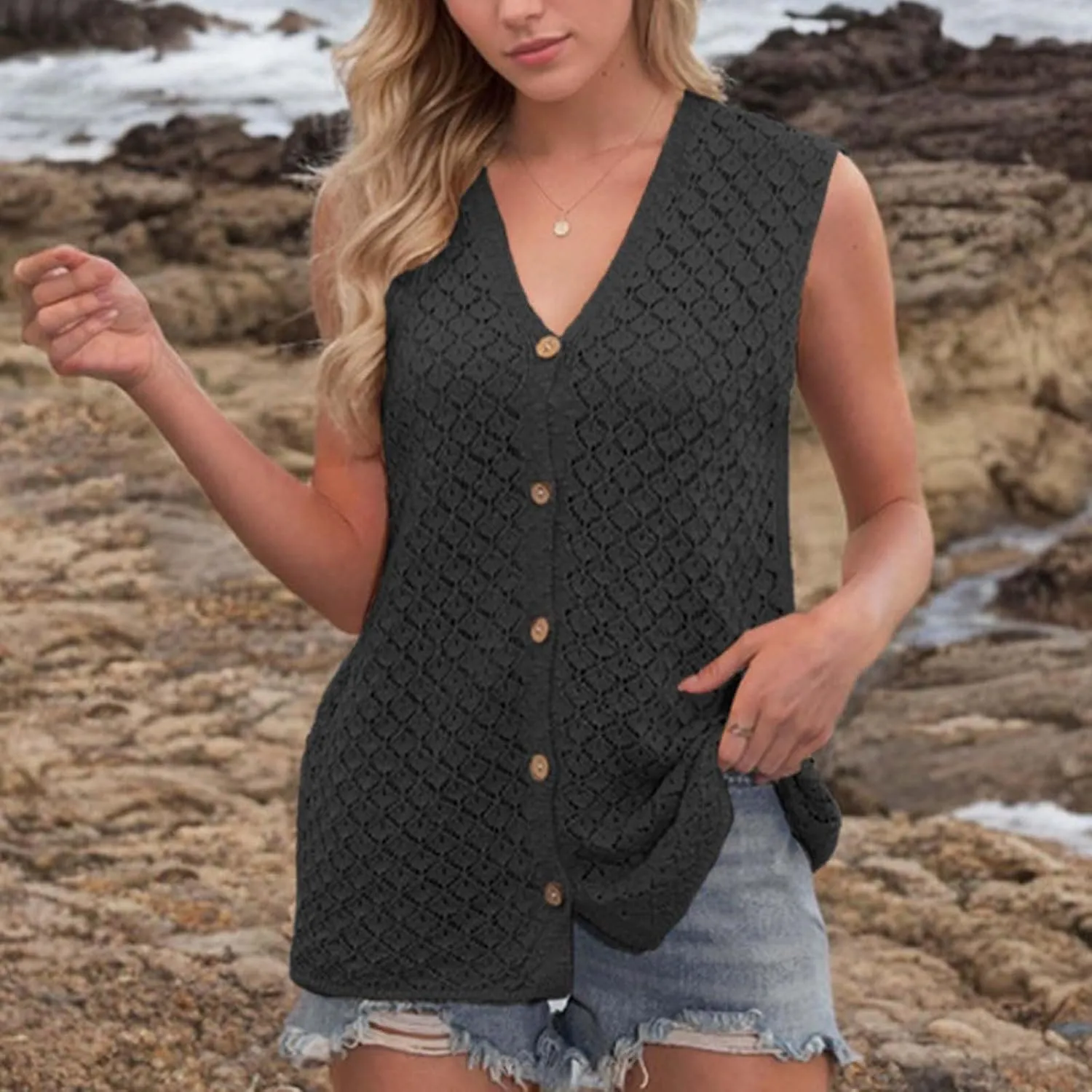 Tank Tops for Women 2025 Dressy Knitted V Neck Button Down Sleeveless Sweater Shirts Soft Comfy Trendy Dressy Outfits