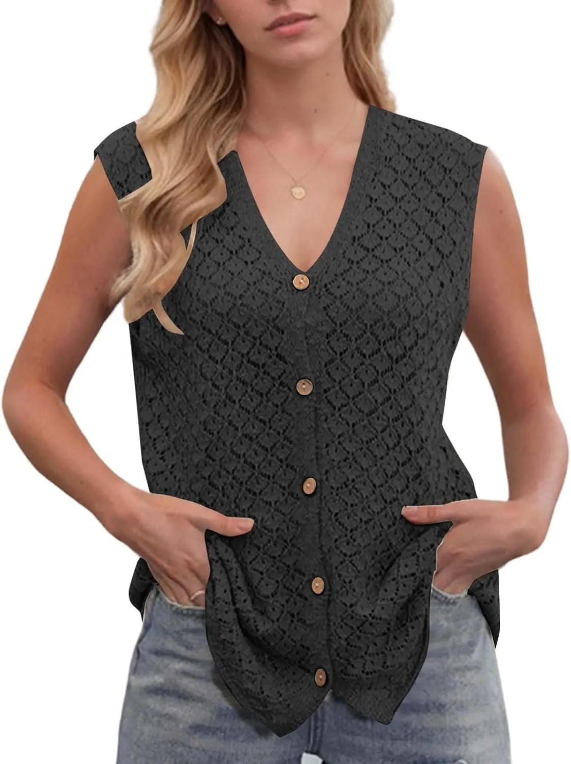 Tank Tops for Women 2025 Dressy Knitted V Neck Button Down Sleeveless Sweater Shirts Soft Comfy Trendy Dressy Outfits