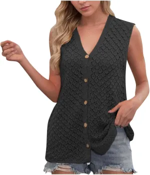 Tank Tops for Women 2025 Dressy Knitted V Neck Button Down Sleeveless Sweater Shirts Soft Comfy Trendy Dressy Outfits
