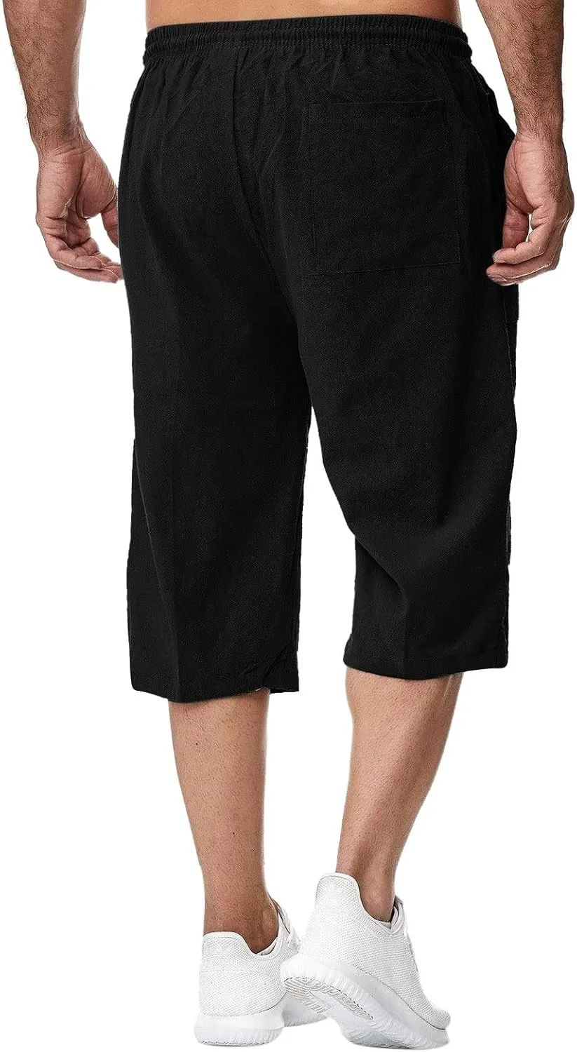 Thatrich Mens 3/4 Sweatpants Cotton Linen Elastic Waist Pants Breathable Joggers Workout Athletic Pant Lightweight for Summer
