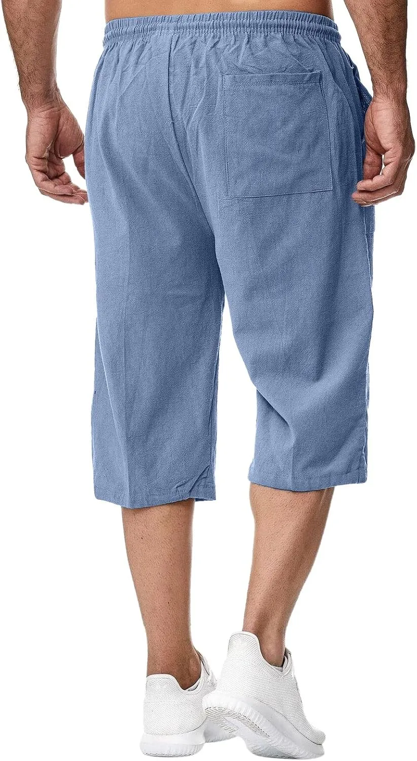 Thatrich Mens 3/4 Sweatpants Cotton Linen Elastic Waist Pants Breathable Joggers Workout Athletic Pant Lightweight for Summer