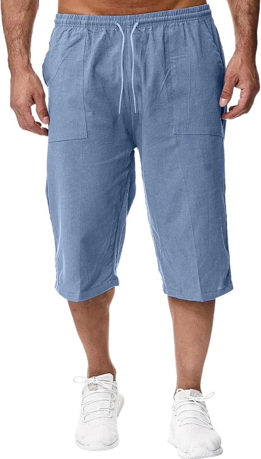 Thatrich Mens 3/4 Sweatpants Cotton Linen Elastic Waist Pants Breathable Joggers Workout Athletic Pant Lightweight for Summer