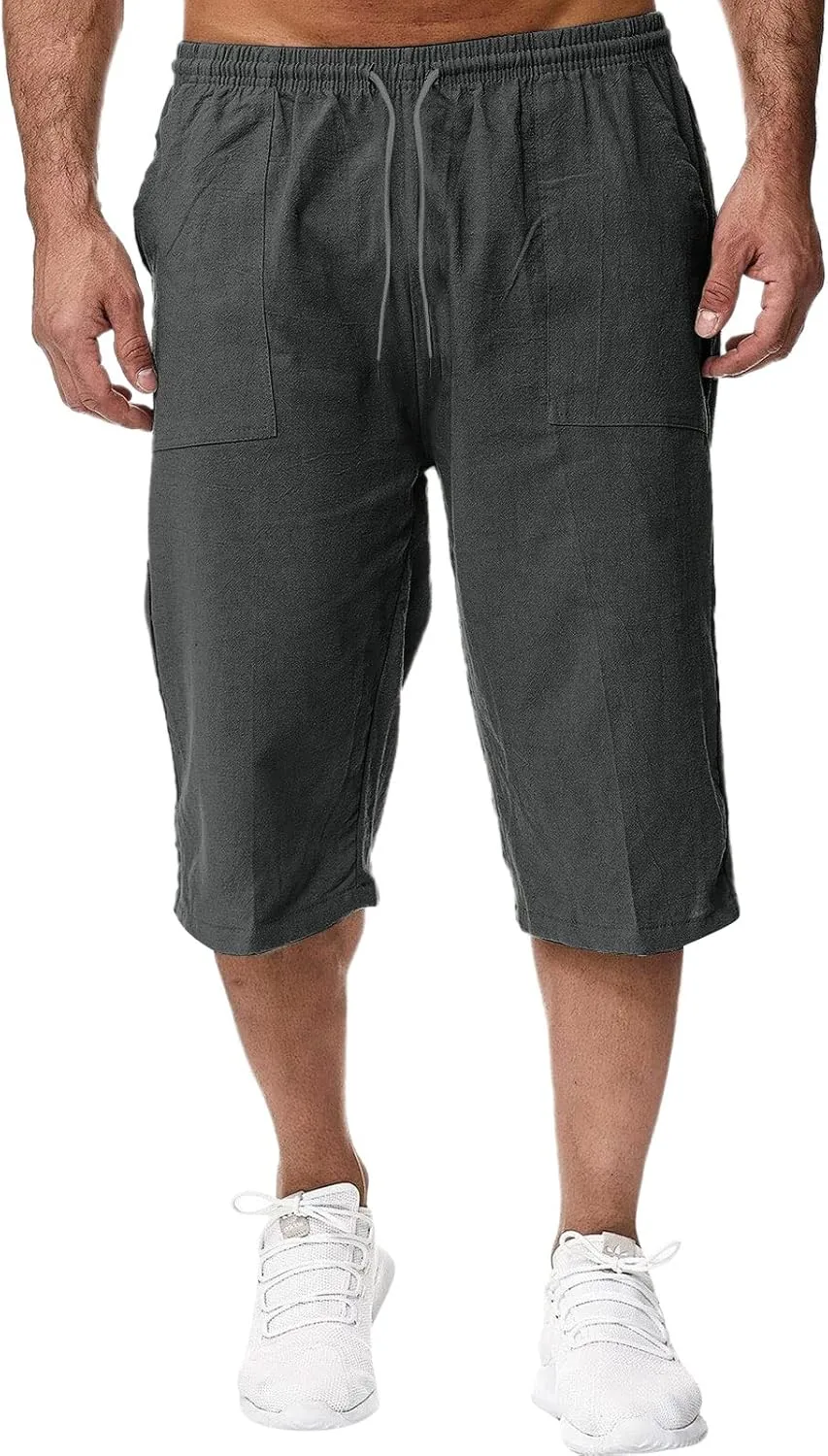 Thatrich Mens 3/4 Sweatpants Cotton Linen Elastic Waist Pants Breathable Joggers Workout Athletic Pant Lightweight for Summer