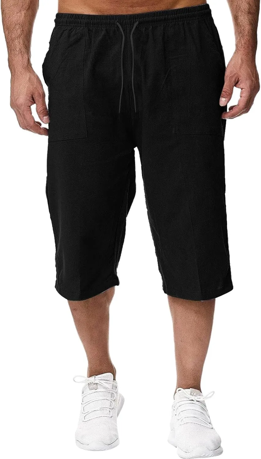 Thatrich Mens 3/4 Sweatpants Cotton Linen Elastic Waist Pants Breathable Joggers Workout Athletic Pant Lightweight for Summer