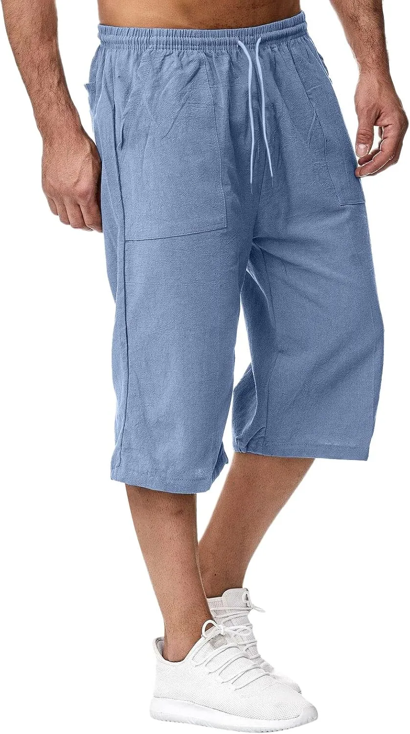 Thatrich Mens 3/4 Sweatpants Cotton Linen Elastic Waist Pants Breathable Joggers Workout Athletic Pant Lightweight for Summer