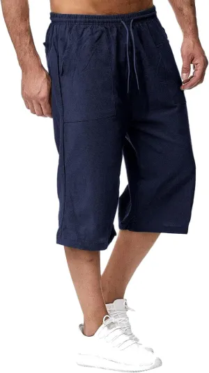 Thatrich Mens 3/4 Sweatpants Cotton Linen Elastic Waist Pants Breathable Joggers Workout Athletic Pant Lightweight for Summer