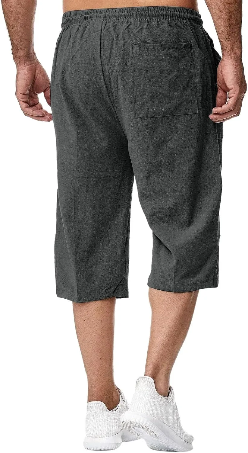 Thatrich Mens 3/4 Sweatpants Cotton Linen Elastic Waist Pants Breathable Joggers Workout Athletic Pant Lightweight for Summer