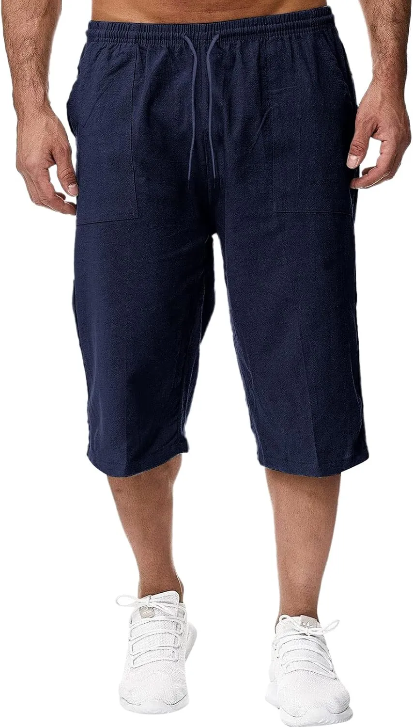 Thatrich Mens 3/4 Sweatpants Cotton Linen Elastic Waist Pants Breathable Joggers Workout Athletic Pant Lightweight for Summer