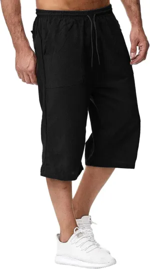 Thatrich Mens 3/4 Sweatpants Cotton Linen Elastic Waist Pants Breathable Joggers Workout Athletic Pant Lightweight for Summer