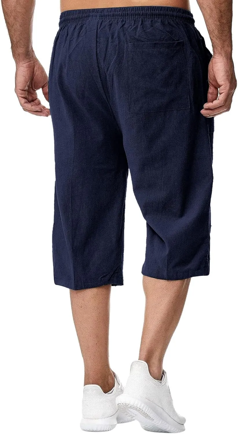 Thatrich Mens 3/4 Sweatpants Cotton Linen Elastic Waist Pants Breathable Joggers Workout Athletic Pant Lightweight for Summer