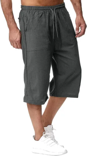 Thatrich Mens 3/4 Sweatpants Cotton Linen Elastic Waist Pants Breathable Joggers Workout Athletic Pant Lightweight for Summer