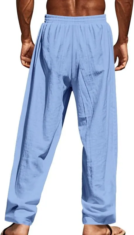 Thatrich Mens Casual Cotton Linen Pants Wide Leg Elastic Waist Button Trousers Loose Fit Lightweight Breathable Beach Slacks