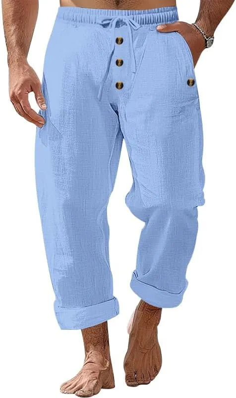 Thatrich Mens Casual Cotton Linen Pants Wide Leg Elastic Waist Button Trousers Loose Fit Lightweight Breathable Beach Slacks