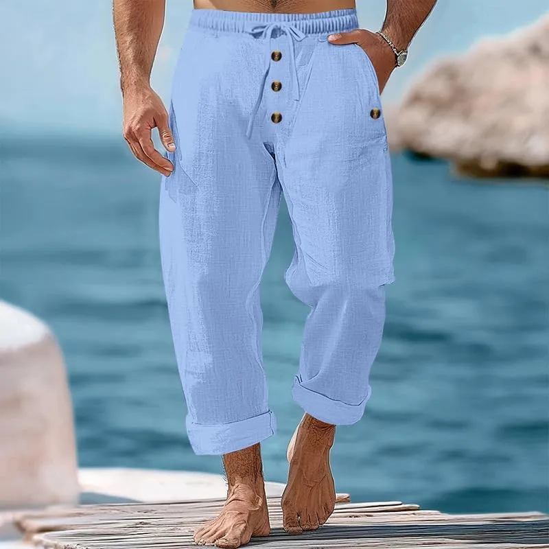 Thatrich Mens Casual Cotton Linen Pants Wide Leg Elastic Waist Button Trousers Loose Fit Lightweight Breathable Beach Slacks