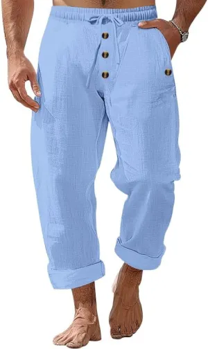 Thatrich Mens Casual Cotton Linen Pants Wide Leg Elastic Waist Button Trousers Loose Fit Lightweight Breathable Beach Slacks