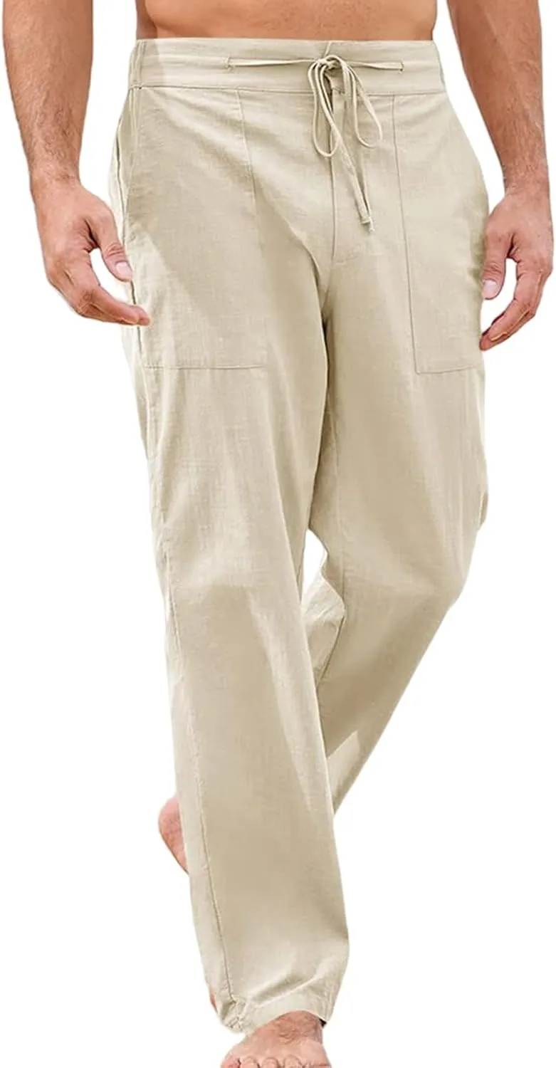 Thatrich Mens Casual Linen Pants Casual Elastic Waist Loose Fit Beach Pant Breathable Workout Running Yoga Trousers Slacks
