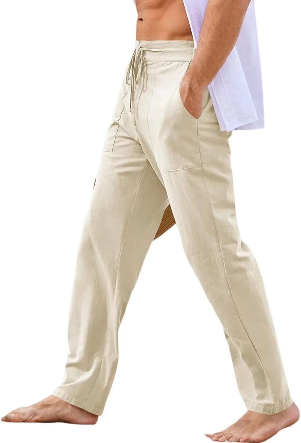 Thatrich Mens Casual Linen Pants Casual Elastic Waist Loose Fit Beach Pant Breathable Workout Running Yoga Trousers Slacks