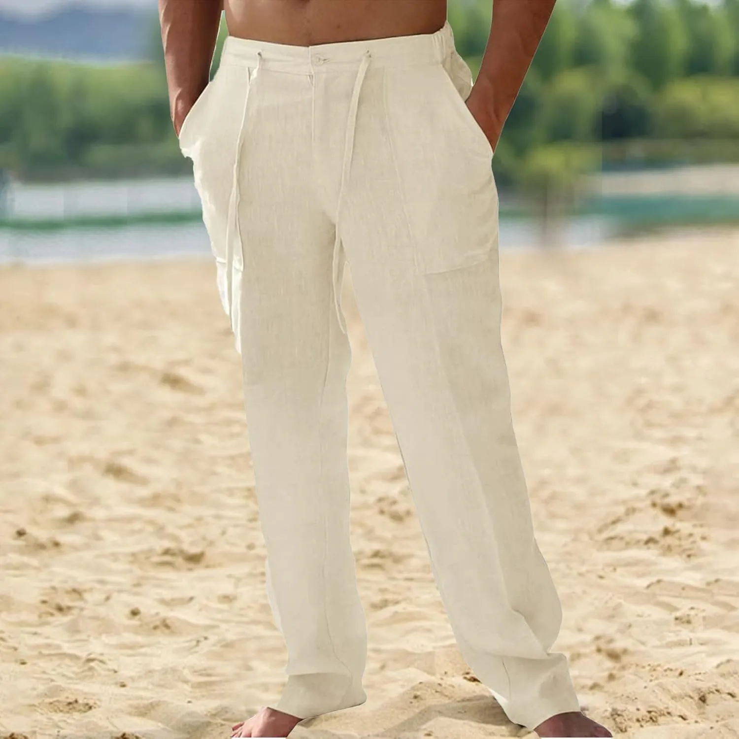 Thatrich Mens Casual Linen Pants Casual Elastic Waist Loose Fit Beach Pant Breathable Workout Running Yoga Trousers Slacks