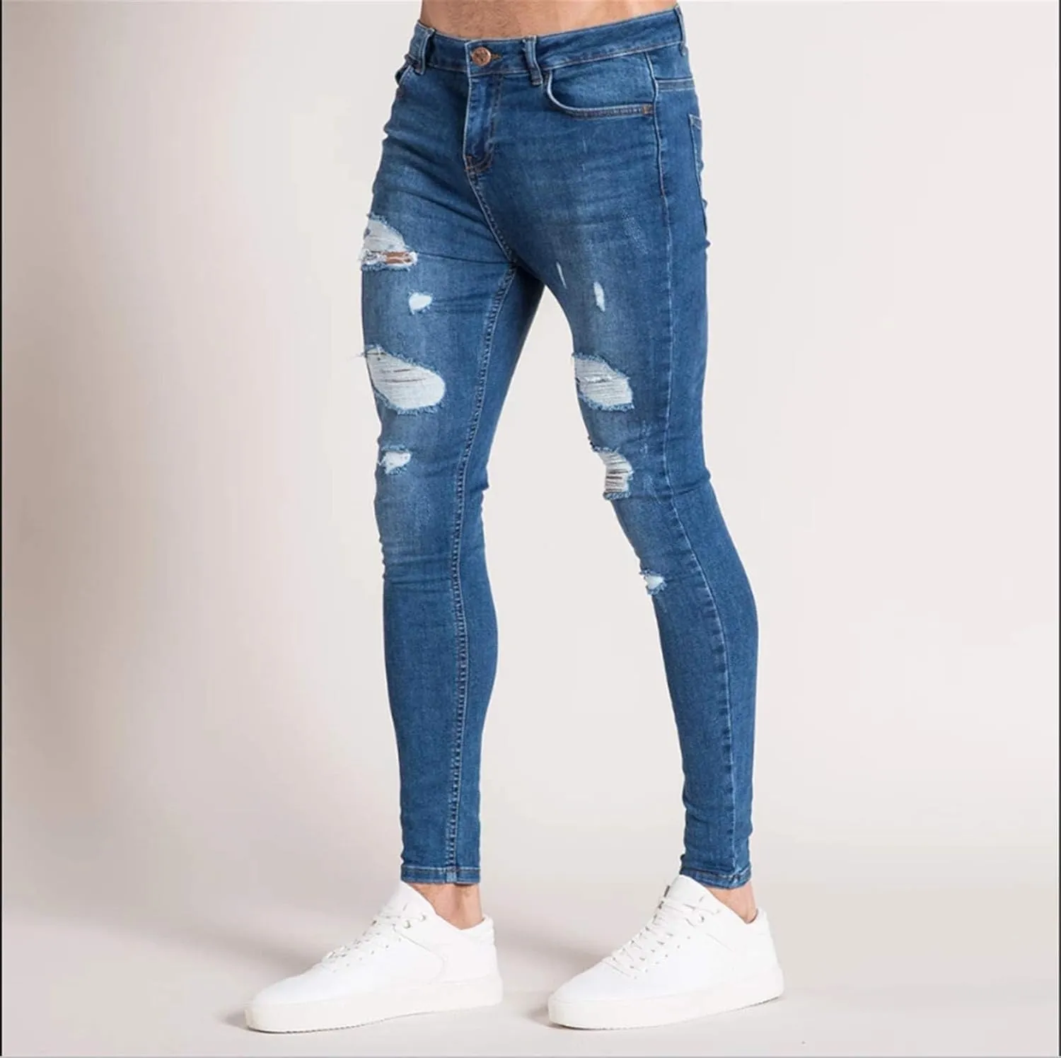 Thatrich Men's Distressed Jeans Slim Fit Moto Jeans Biker Pants Tapered Leg Denim Pants Straight Leg Trousers 2025 Fashion