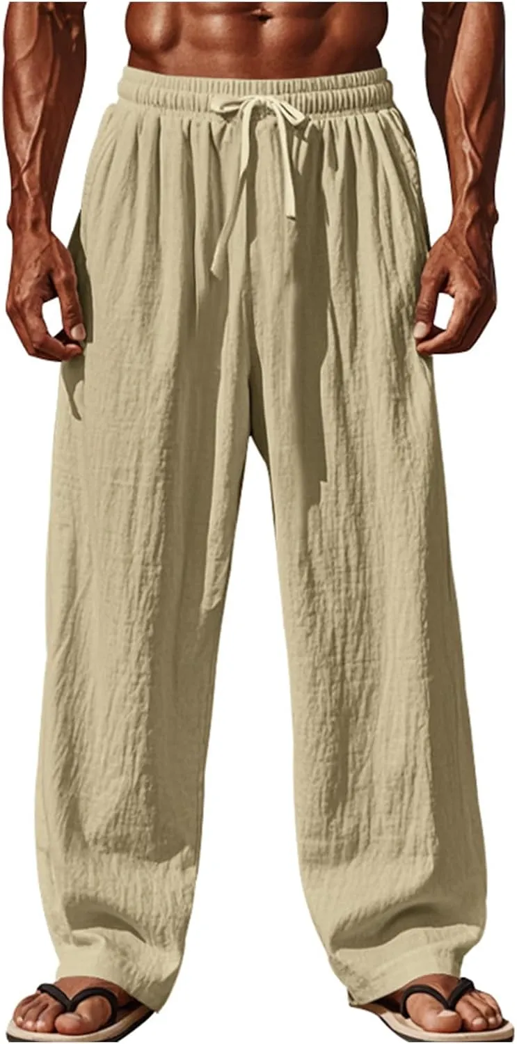Thatrich Wide Leg Beach Pants Men Baggy Fit Cotton Linen Yoga Pant Elastic Waist Lightweight Casual Sweatpants Basic Trousers