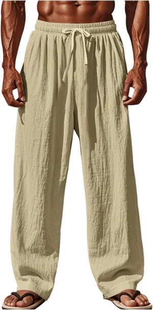 Thatrich Wide Leg Beach Pants Men Baggy Fit Cotton Linen Yoga Pant Elastic Waist Lightweight Casual Sweatpants Basic Trousers