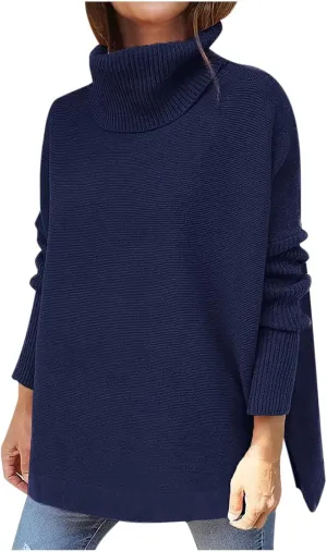 tuduoms Turtleneck Sweater Women Ladies Oversized Long Sleeve Irregular Hem Winter Pullover Knit Tops Long Sweater Dress