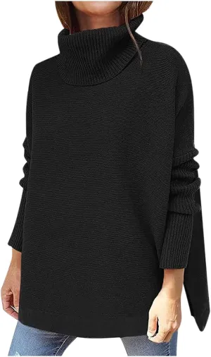 tuduoms Womens Oversized Sweaters Turtleneck Long Batwing Sleeve Asymmetric Hem Winter Pullover Sweater Knit Cardigan Tops