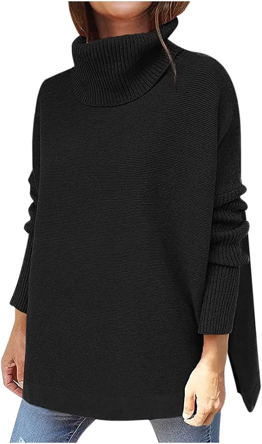 tuduoms Womens Oversized Sweaters Turtleneck Long Batwing Sleeve Asymmetric Hem Winter Pullover Sweater Knit Cardigan Tops