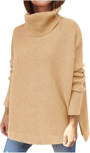 tuduoms Womens Oversized Sweaters Turtleneck Long Batwing Sleeve Asymmetric Hem Winter Pullover Sweater Knit Cardigan Tops