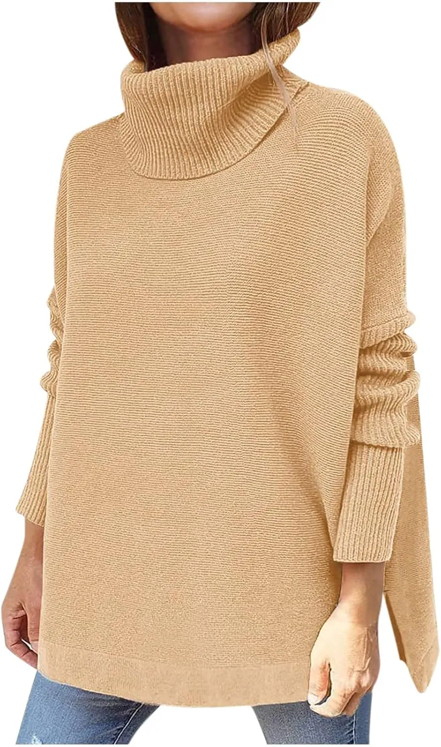 tuduoms Womens Oversized Sweaters Turtleneck Long Batwing Sleeve Asymmetric Hem Winter Pullover Sweater Knit Cardigan Tops
