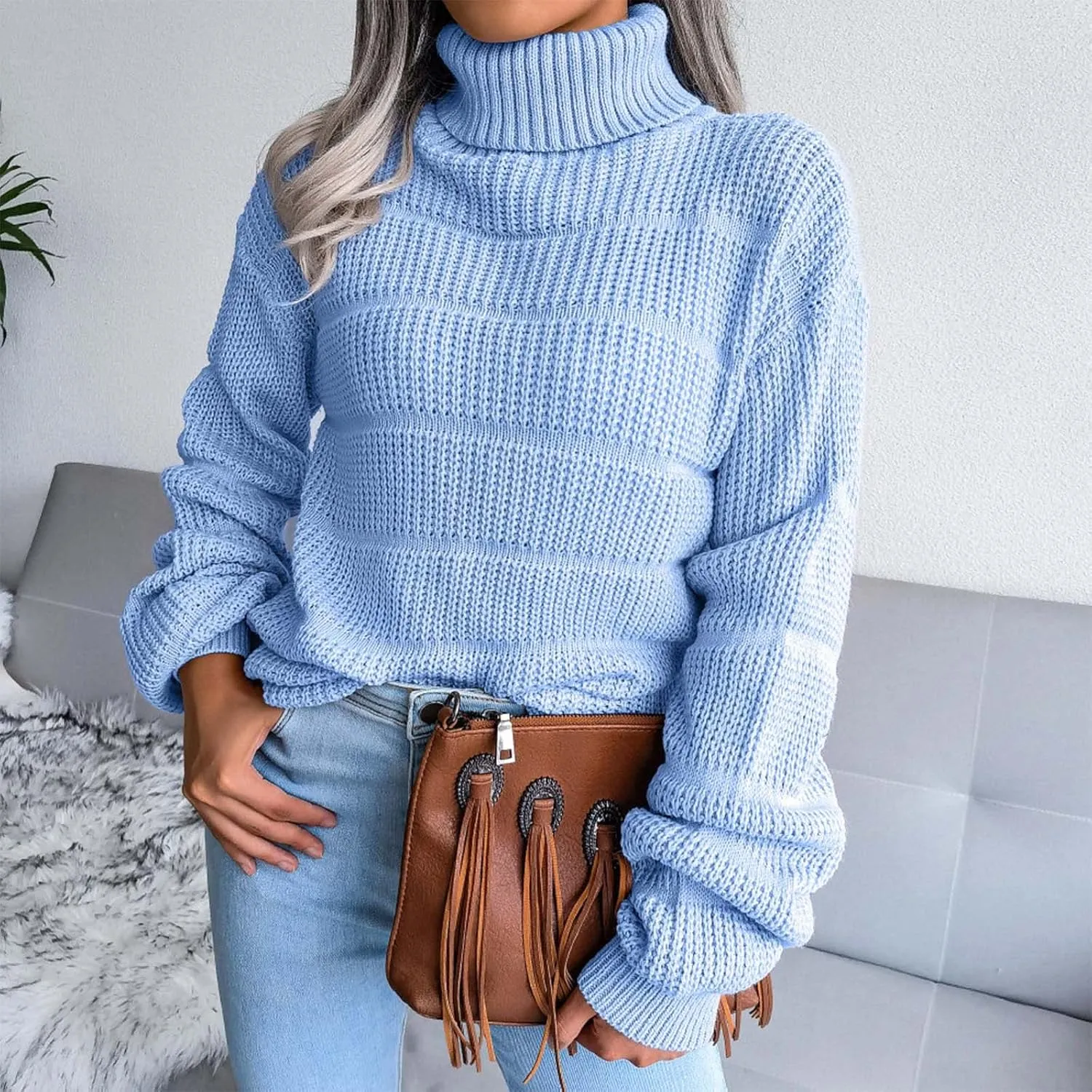 tuduoms Women's Turtleneck Oversized Sweaters Fashion Solid Color Comfy Loose Chunky Knitted Pullover Sweater Jumper Tops