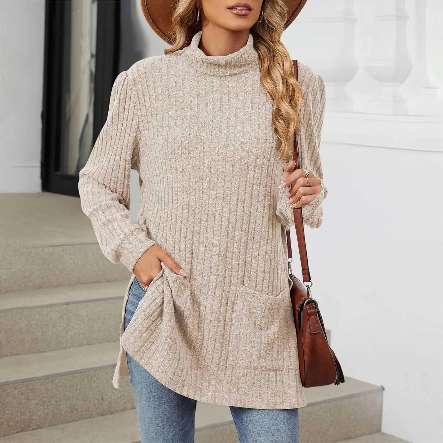 Turtleneck Sweaters for Women Long Sleeve Oversized Sweater with Pockets Loose Chunky Warm Pullover Sweater Top