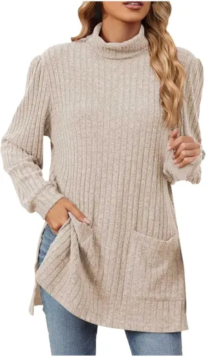 Turtleneck Sweaters for Women Long Sleeve Oversized Sweater with Pockets Loose Chunky Warm Pullover Sweater Top