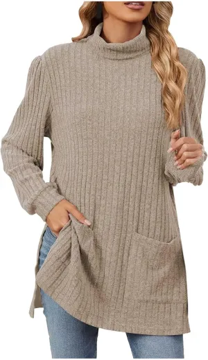 Turtleneck Sweaters for Women Long Sleeve Oversized Sweater with Pockets Loose Chunky Warm Pullover Sweater Top