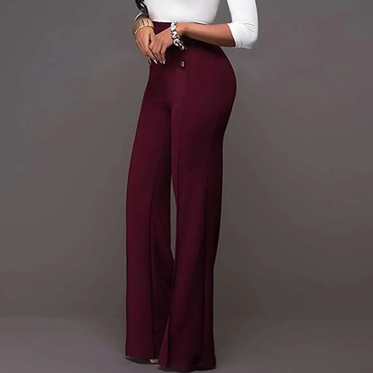 Uillui Dress Pants for Women Business Casual Straight Leg Trouser Dressy High Waist Button Wide Leg Bootleg Pant Work Slacks