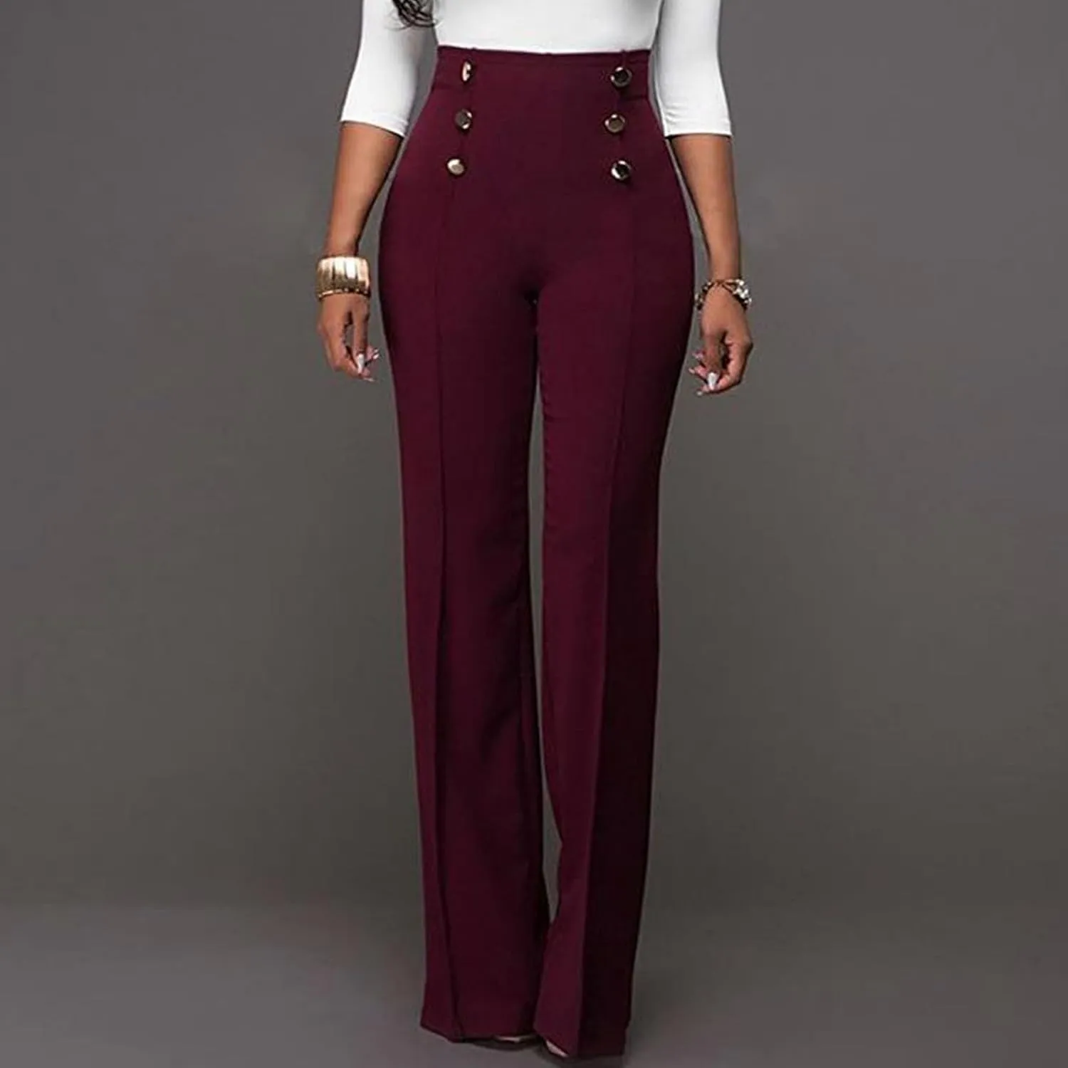 Uillui Dress Pants for Women Business Casual Straight Leg Trouser Dressy High Waist Button Wide Leg Bootleg Pant Work Slacks