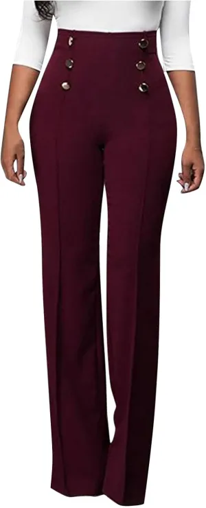 Uillui Dress Pants for Women Business Casual Straight Leg Trouser Dressy High Waist Button Wide Leg Bootleg Pant Work Slacks