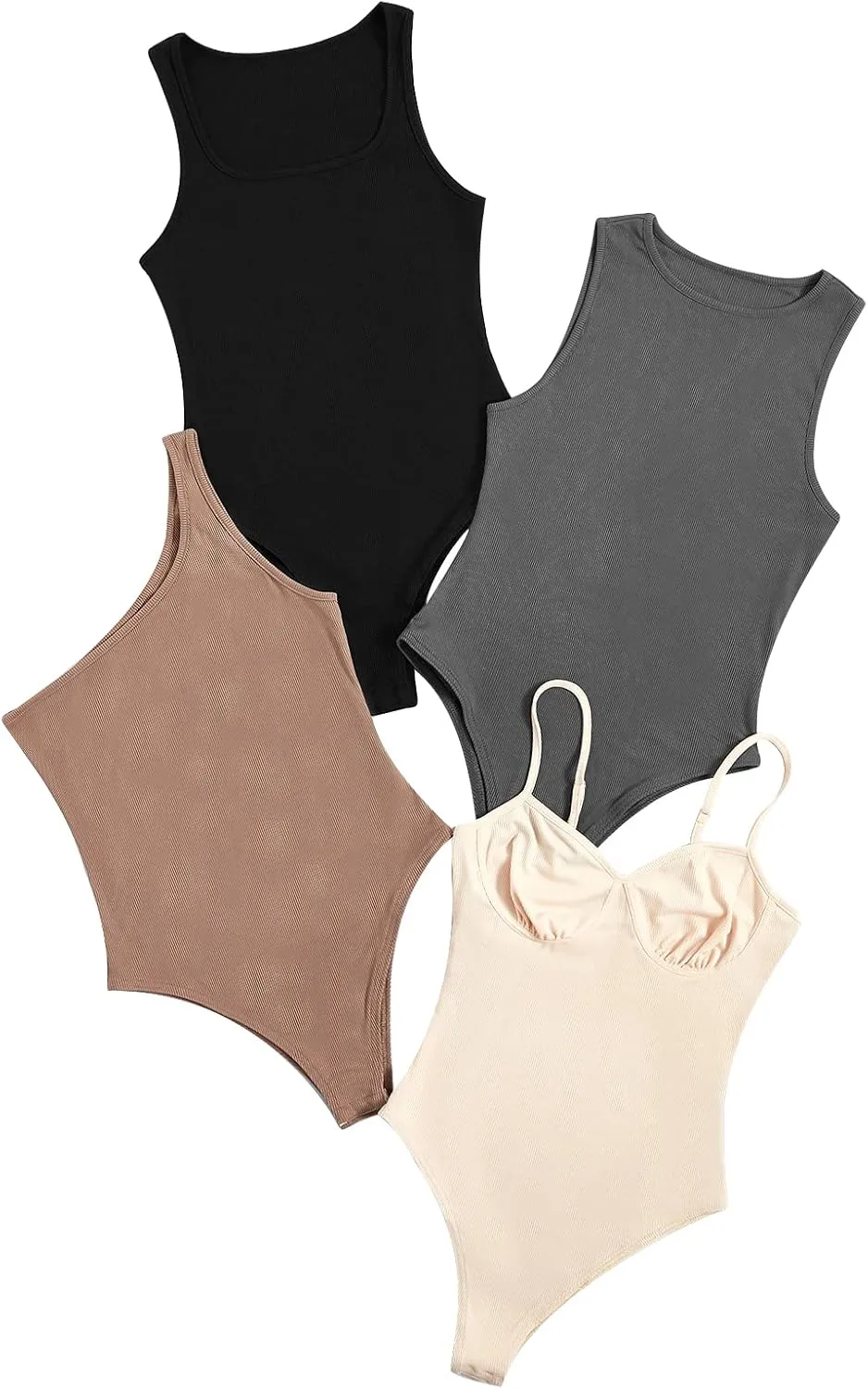 WDIRARA Women's 4 Piece Sets Shapewear One Shoulder Sweetheart Neck Sleeveless Square Neck Bodycon Bodysuit