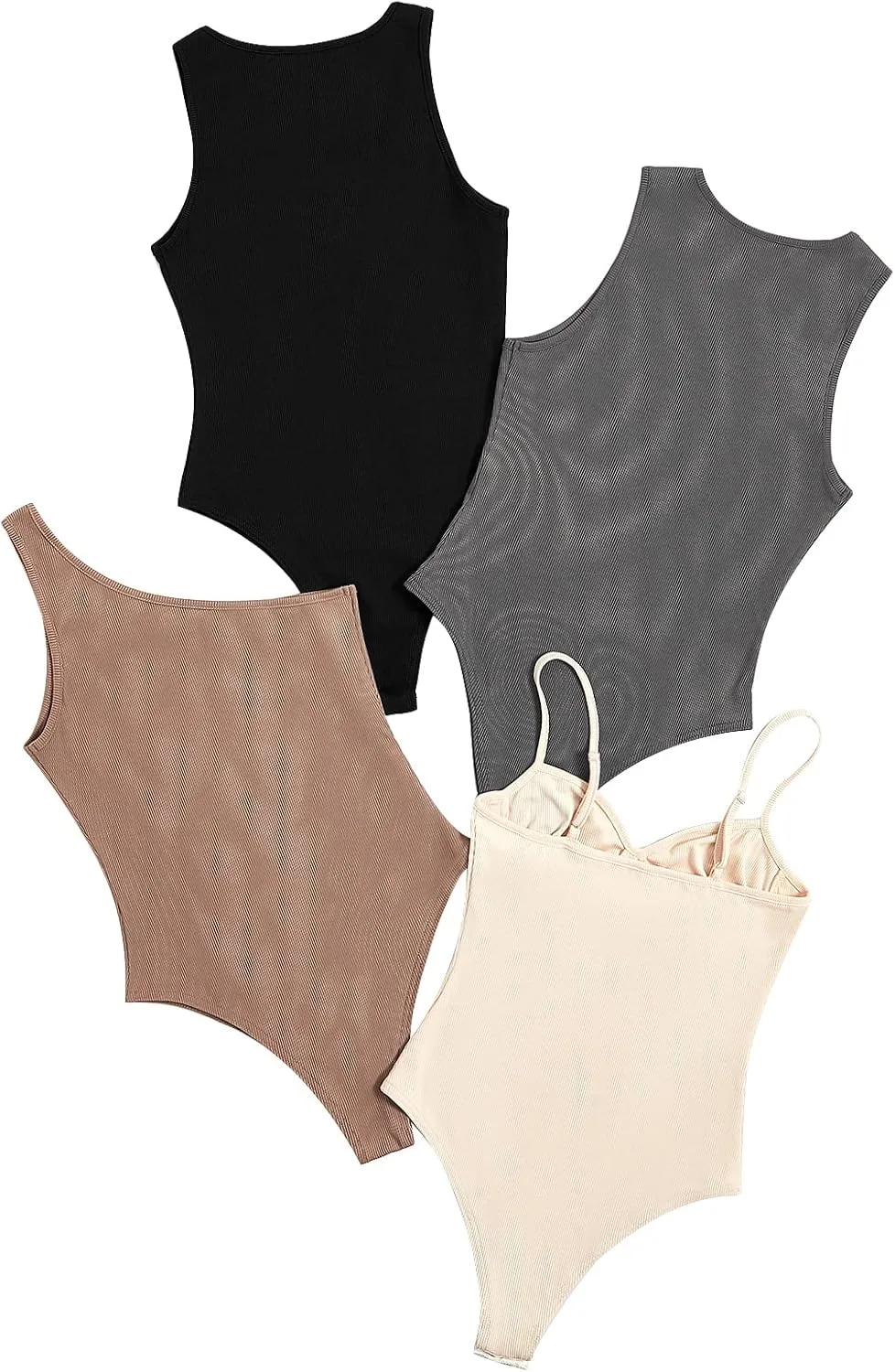 WDIRARA Women's 4 Piece Sets Shapewear One Shoulder Sweetheart Neck Sleeveless Square Neck Bodycon Bodysuit