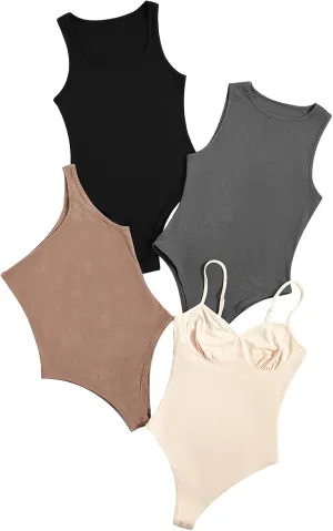 WDIRARA Women's 4 Piece Sets Shapewear One Shoulder Sweetheart Neck Sleeveless Square Neck Bodycon Bodysuit