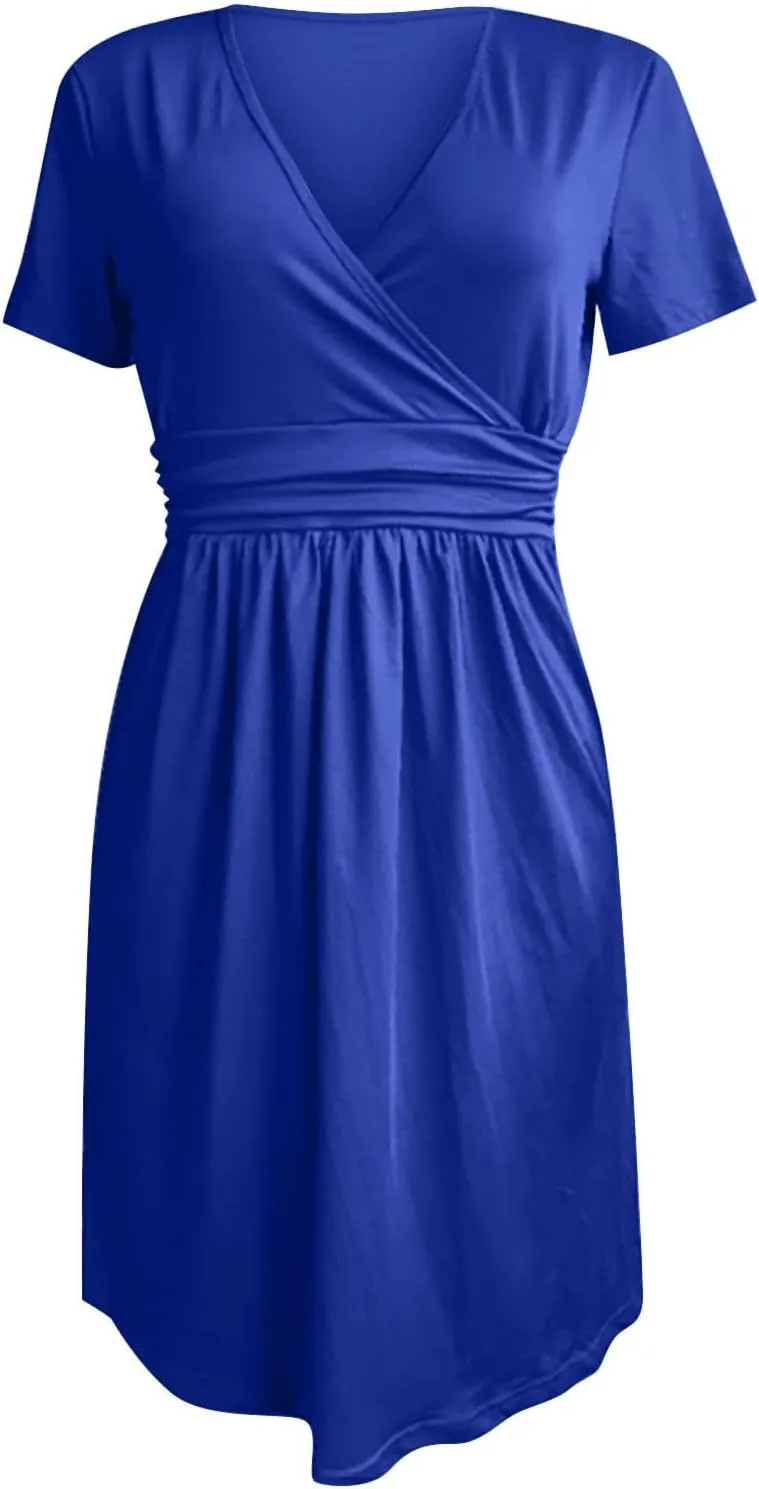Wedding Guest Dresses for Women Retro Vintage Short Sleeve V Neck Flowy A-Line Wrap Mini Dress Party Loose 80S Outfit