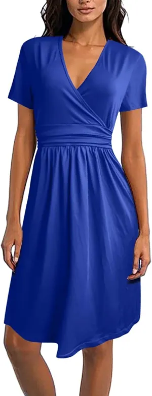 Wedding Guest Dresses for Women Retro Vintage Short Sleeve V Neck Flowy A-Line Wrap Mini Dress Party Loose 80S Outfit