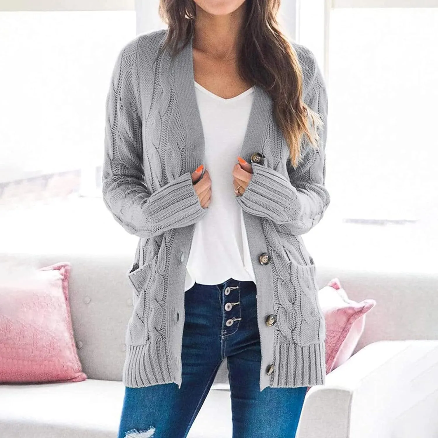 Winter Coats for Women 2025 Cable Knit Long Sleeve Sweaters Button Down Fall Outwear Coat Comfy Open Front Cardigan