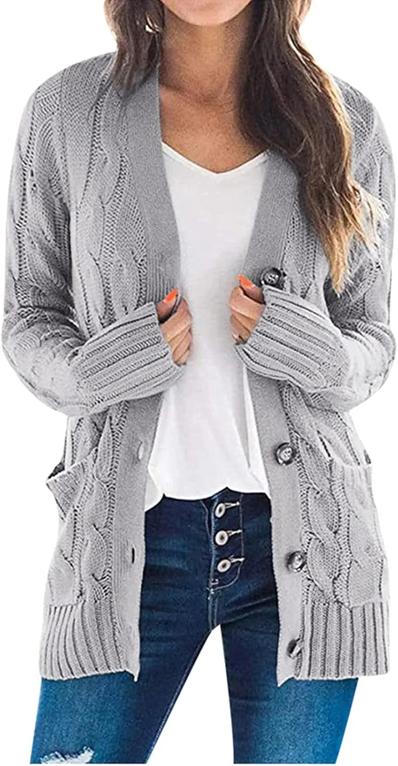 Winter Coats for Women 2025 Cable Knit Long Sleeve Sweaters Button Down Fall Outwear Coat Comfy Open Front Cardigan