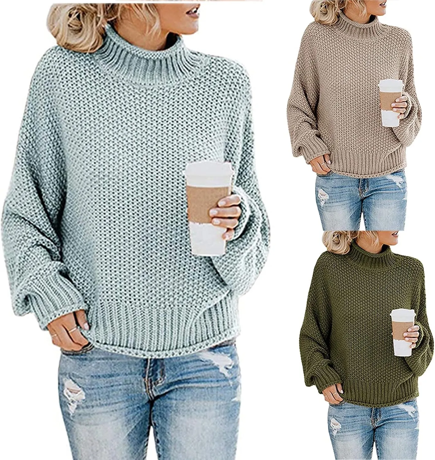 Women Casual Oversized Sweaters Turtleneck Batwing Long Sleeve Pullovers Lightweight Loose Chunky Knit Jumper Tops